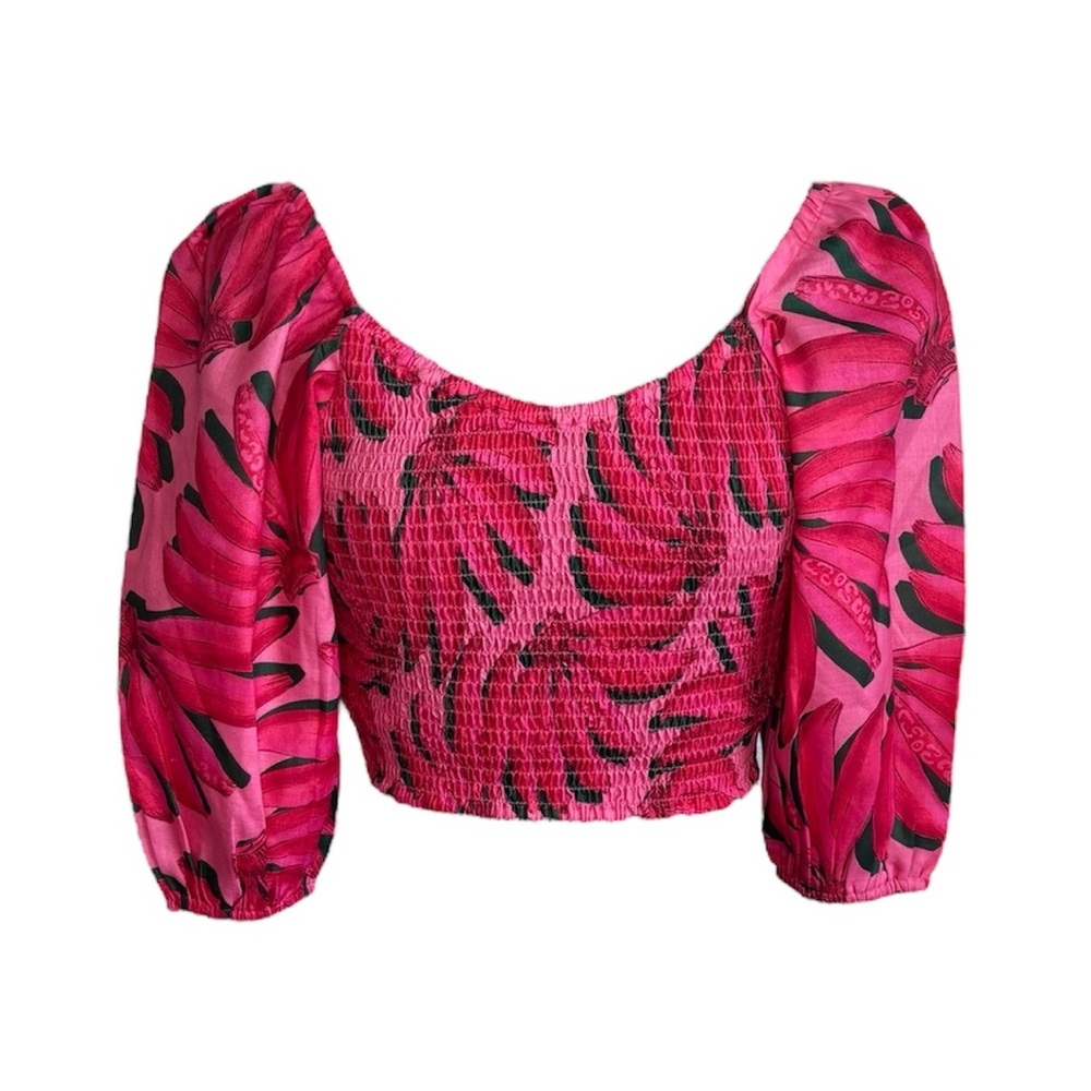 HT 360 Collective Smocked Puff Sleeve Pink Fruit Print Women's Cropped Top